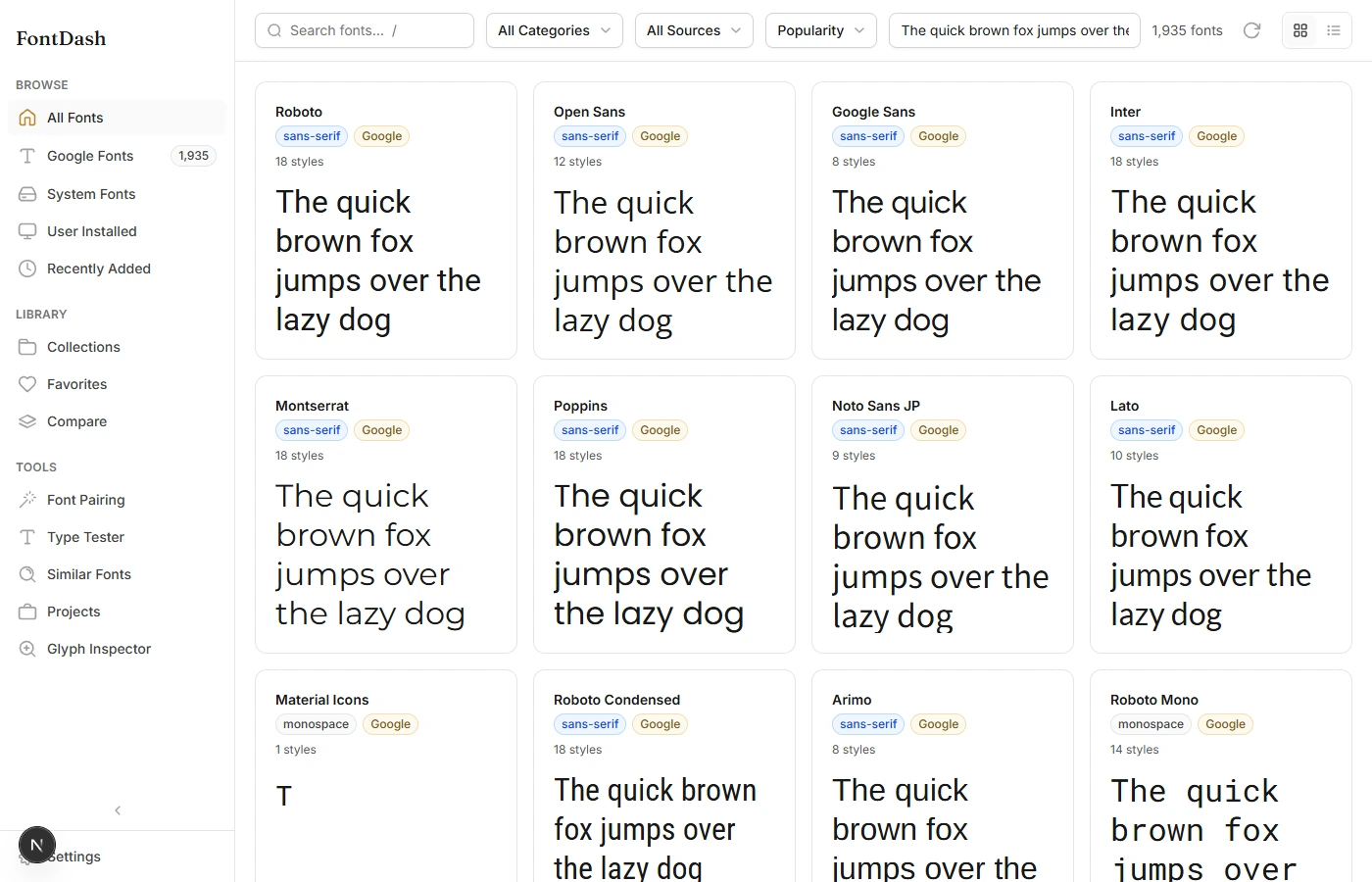 FontDash font browser in light mode